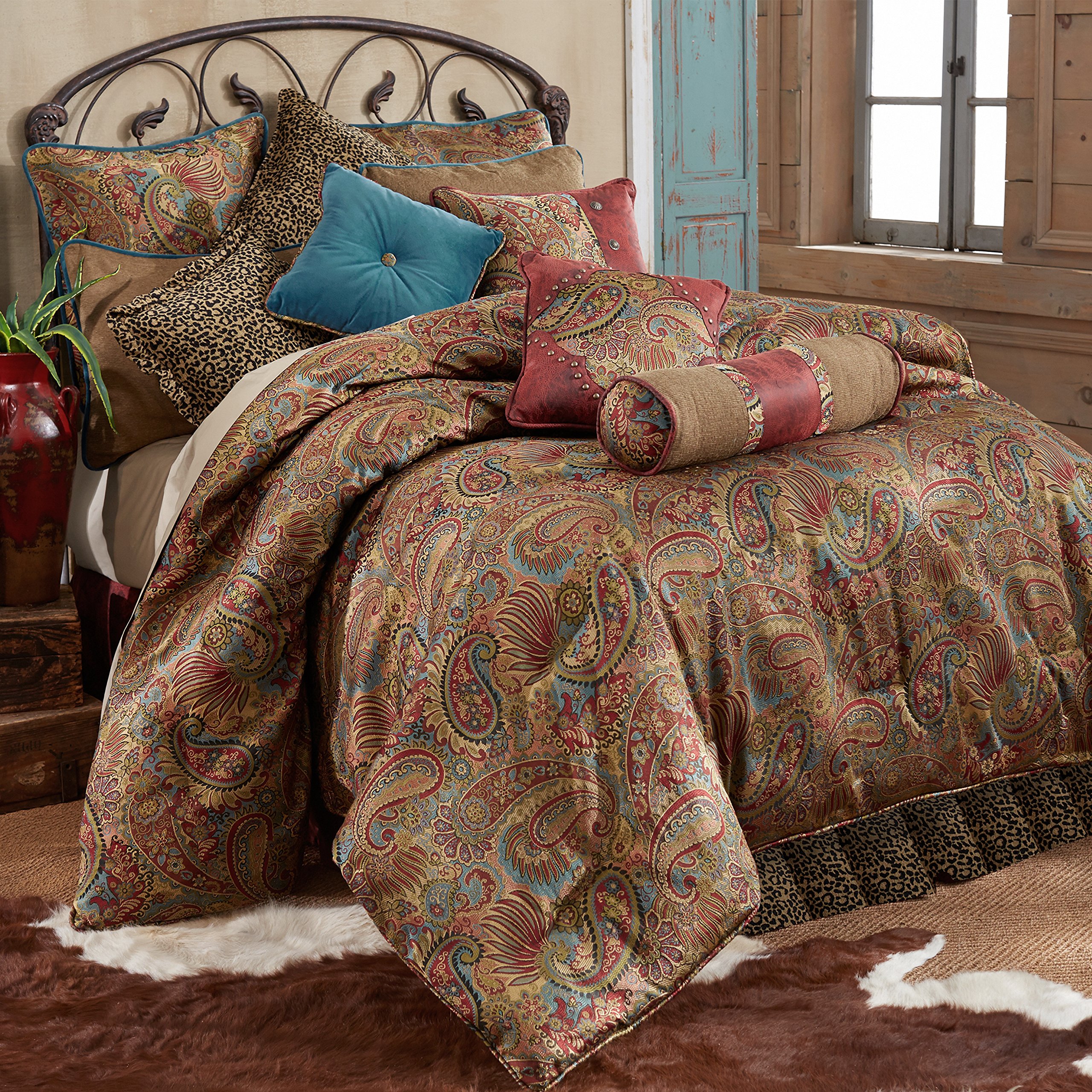 Paseo Road by HiEnd Accents | San Angelo 4 Piece Comforter Set, Super Queen, Paisley Pattern, Leopard Bed Skirt, Western Rustic Farmhouse Style Bedding Set, 1 Comforter, 1 Bedskirt, 2 Pillow Shams