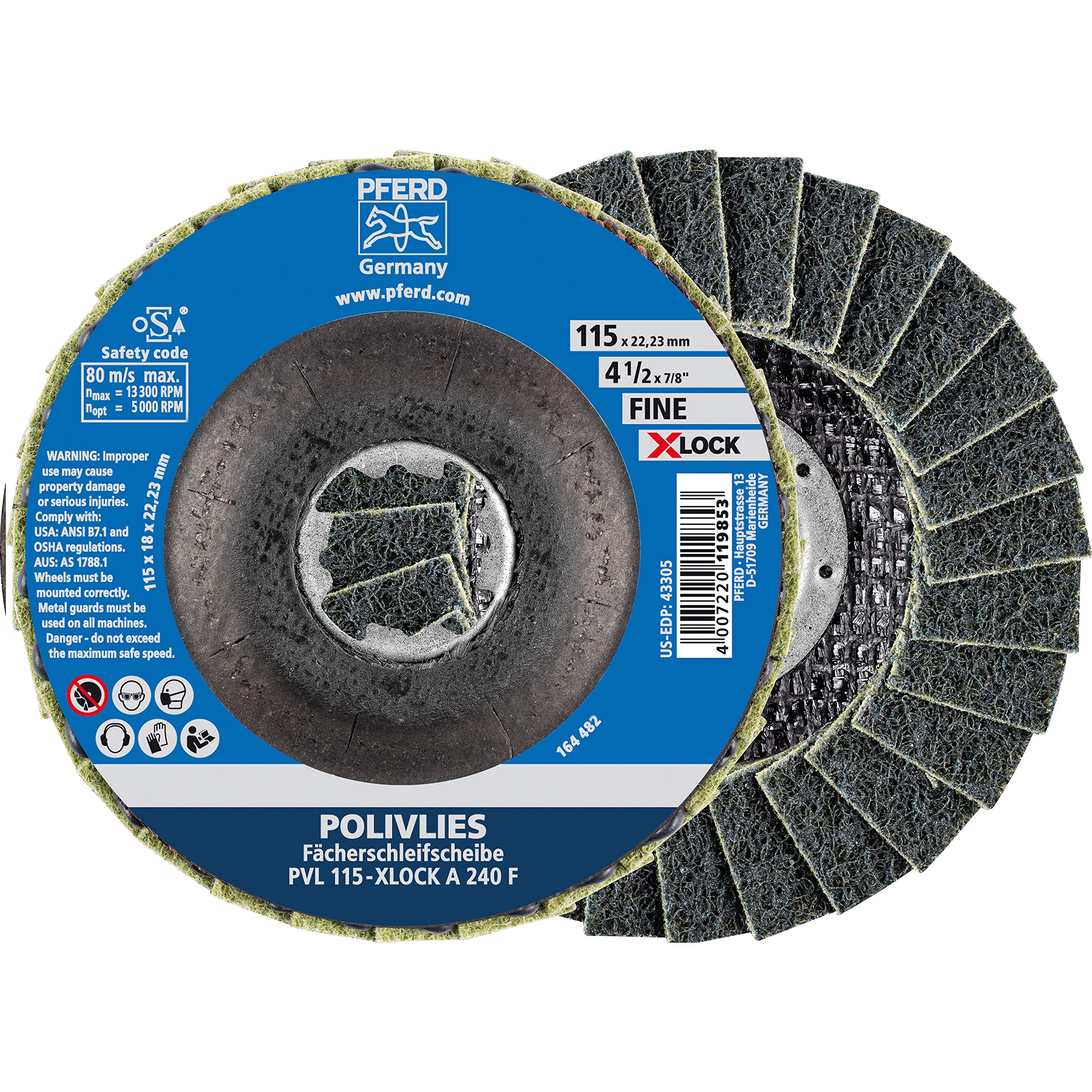 Pferd POLIVLIES Fan Discs 115mm, Grain Size 240, Fine, Corundum A, X-Lock (22.23mm), Pack of 5 - for Quick and Convenient Tool Change