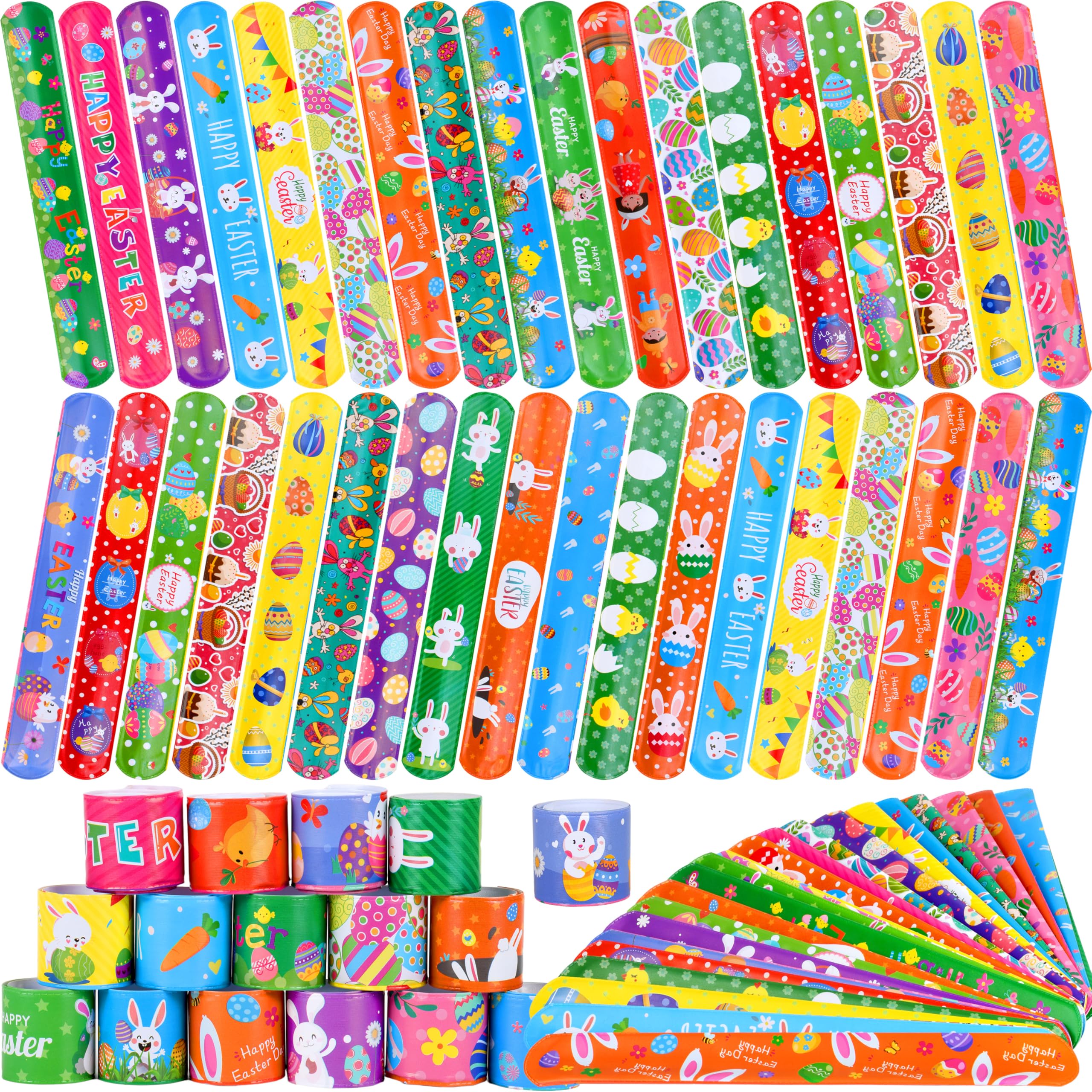 OCTERIC 60 Pcs Easter Slap Bracelets Bulk, Colorful Slap Wristbands for Kids Party Decoration Supplies for Easter Basket Stuffers Egg Fillers Egg Hunt Event Gifts