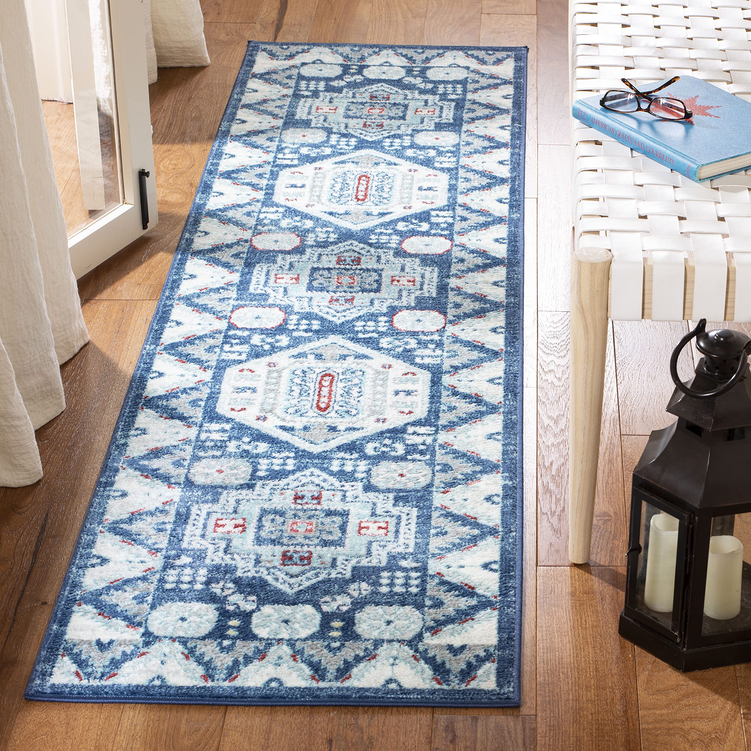 Safavieh Tribal Inspired Indoor Woven Runner Area Rug, Kazak Collection, KZK118, in Blue / Creme, 61 X 244 cm for Living Room, Bedroom or Any Indoor Space