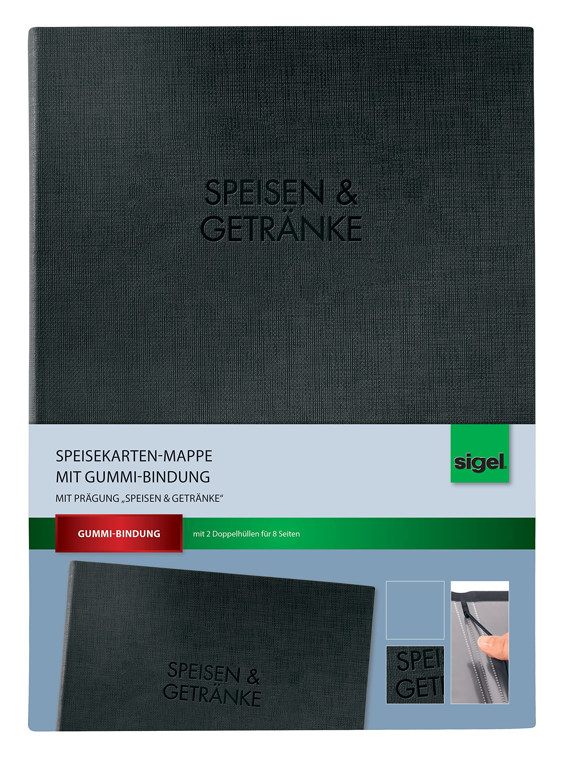 Sigel SM111 Menu Folder with Elastic Band for A4 Plastic Black - German "Speisen & Getränke"