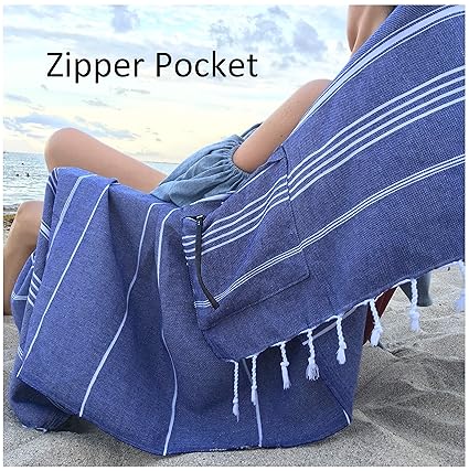 ux Oversized 40×75 Very Absorbent Cotton Beach Towel W/Hidden Zipper Pocket