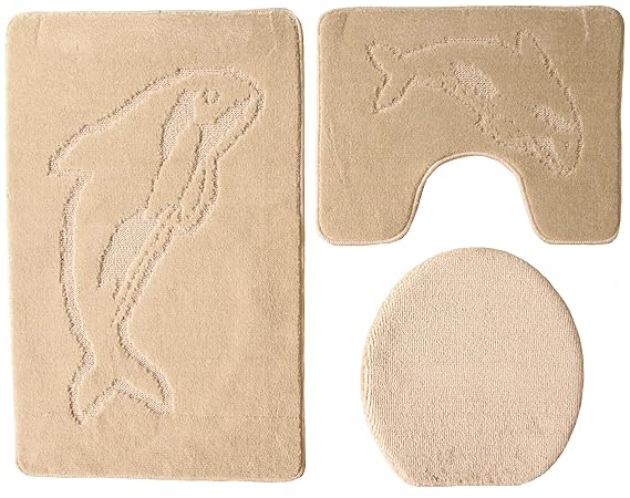 Delfin Badgarnitur 3 tlg. Set 55x85 cm Beige WC Vorleger mit Ausschnitt geprüft nach OEKO-TEX Standard 100