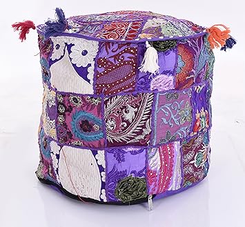Purple Khambadiya Round Pouf Foot Stool Poof Cover Ethnic Decorative Pillow Cover 18 Inch Embroidery Pouf Ottoman Pouffe Cover by Handicraft-Palace