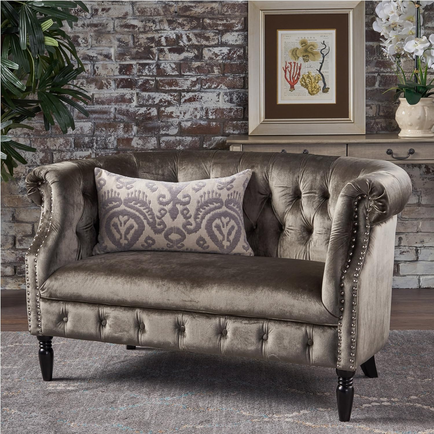 Melaina Grey Velvet Loveseat Tufted Rolled Arm Velvet