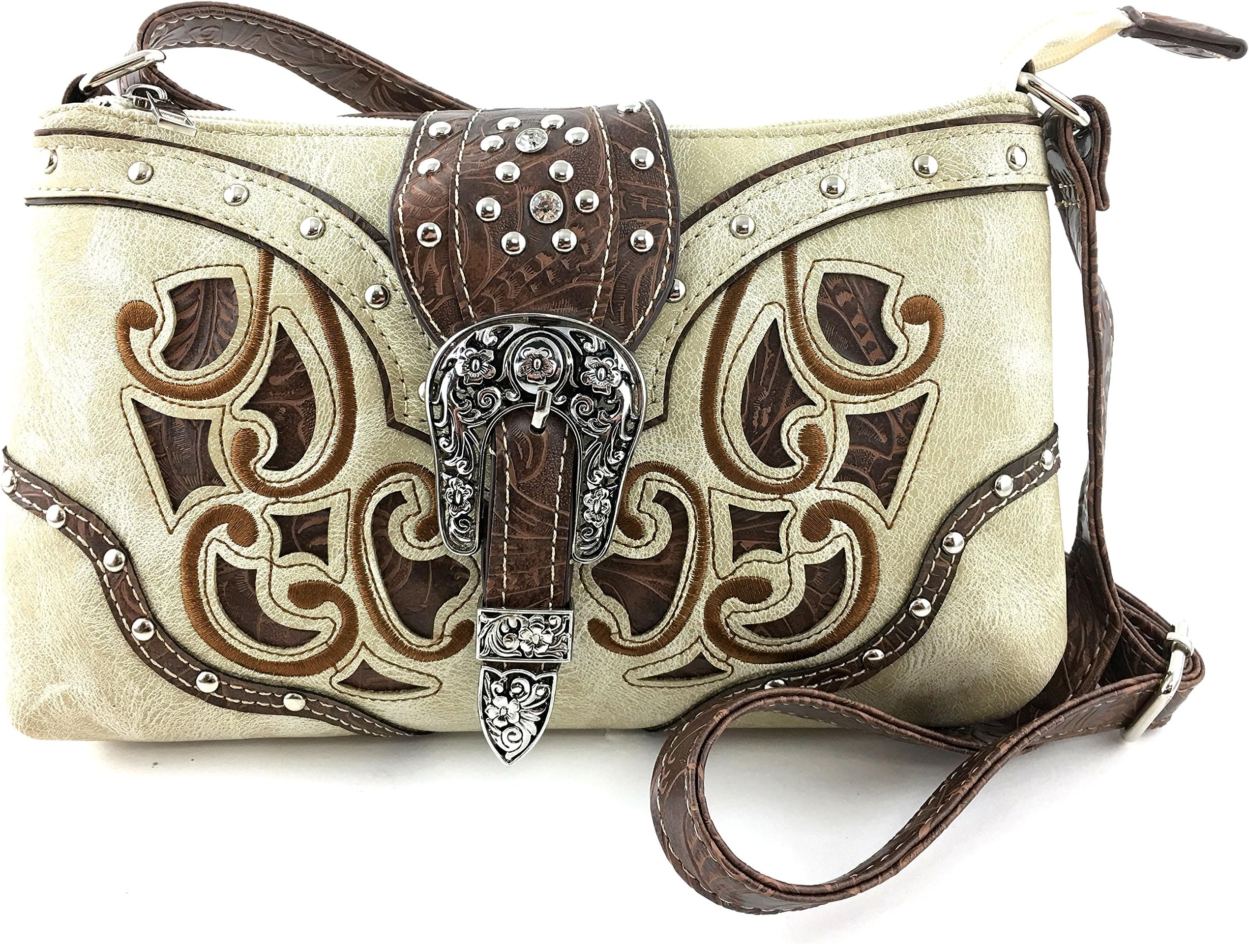 Justin West Western Tooled Laser Cut Rhinestone Buckle Messenger Bag Purse with Long Crossbody Strap