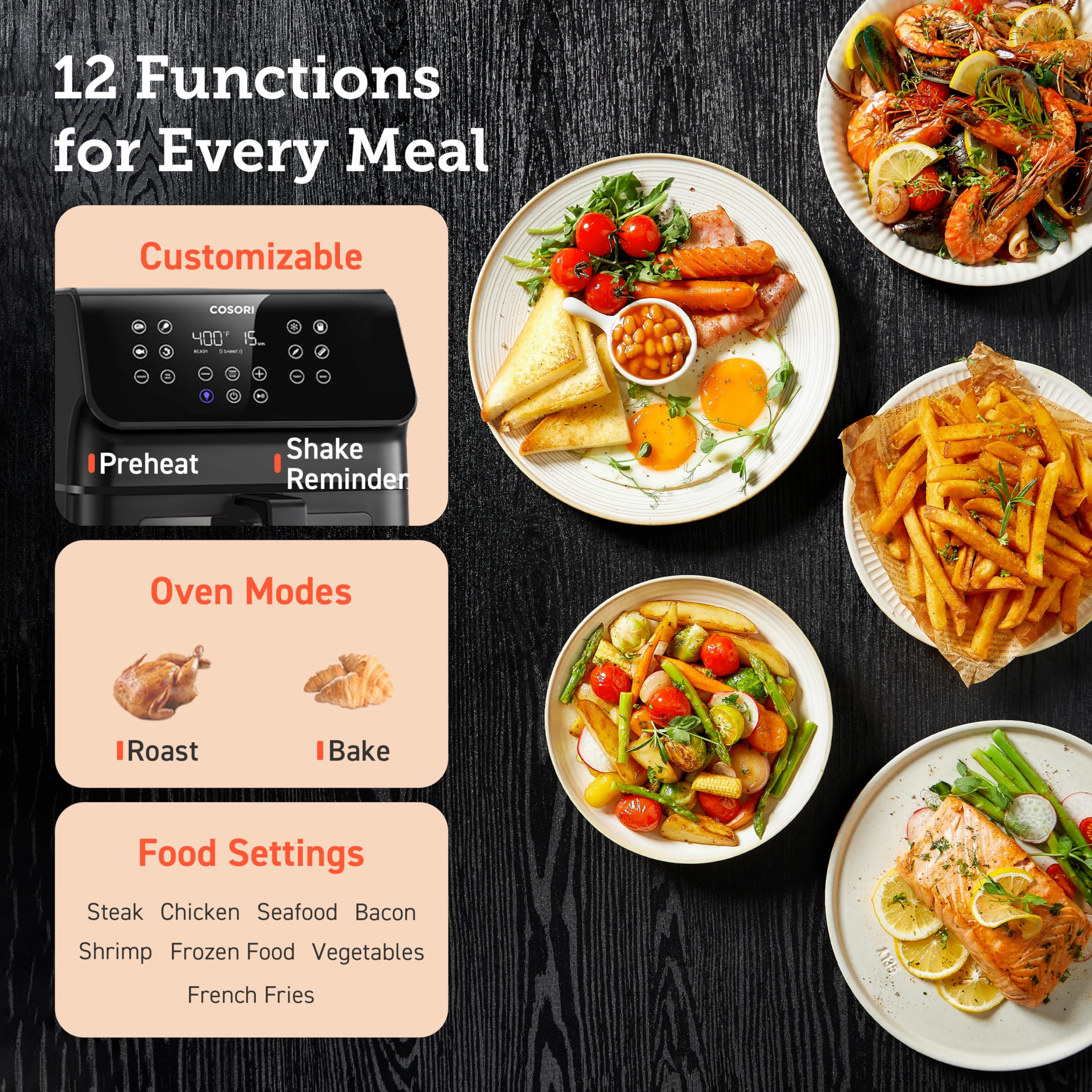 COSORI Freidora de aire con ventana transparente, freidora de aire compacta grande de 6,5 cuartos, 12 funciones personalizadas que se pueden guardar con un solo toque, libros de cocina y recetas en línea, antiadherente y apta para lavavajillas