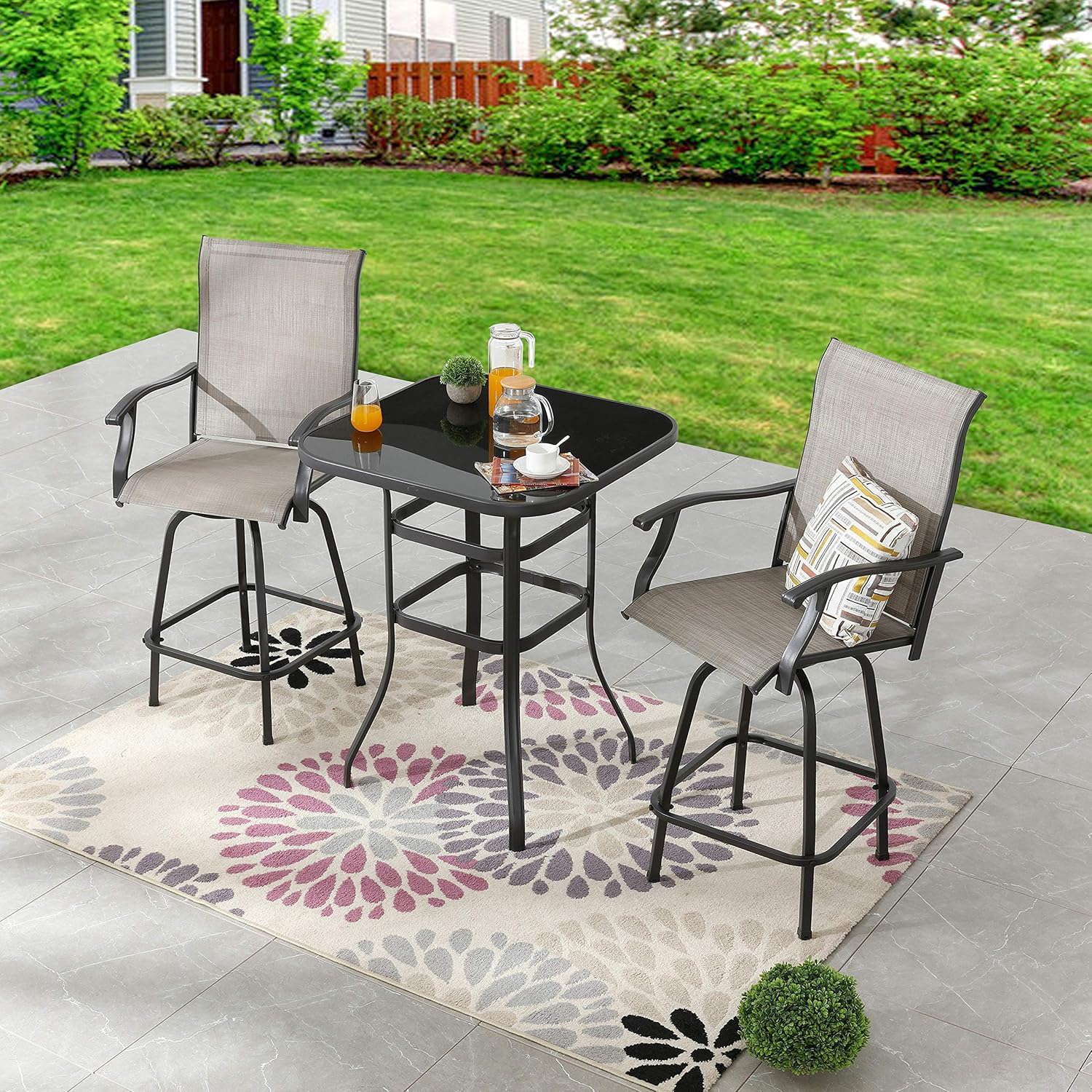 LOKATSE HOME 3 Pcs Bar Stools Set 2 High Swivel Chairs and 1 Height Outdoor Bistro Table, Patio Furniture, Grey Tesling Fabric: Garden & Outdoor