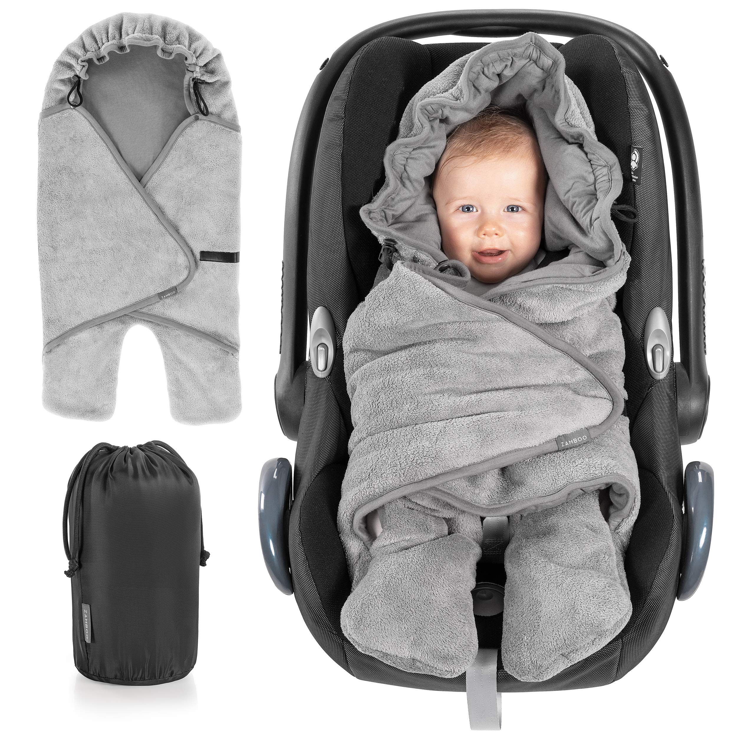 ZAMBOO Spring Baby Car Seat Wrap Blanket with Legs and Drawstring Hood - Car Seat Swaddle Blanket with Storage Bag - Grey