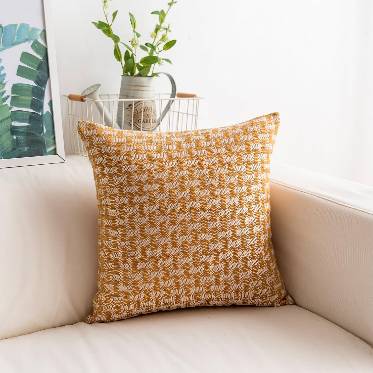 Home Brilliant Mustard Cushion Covers 45 x 45 Set of 2 Dots and Checkers Yellow Cushions Linen Pillow Covers for Sofa Bed Couch Easter Spring Decor 18in (45 x 45cm) - Image 5