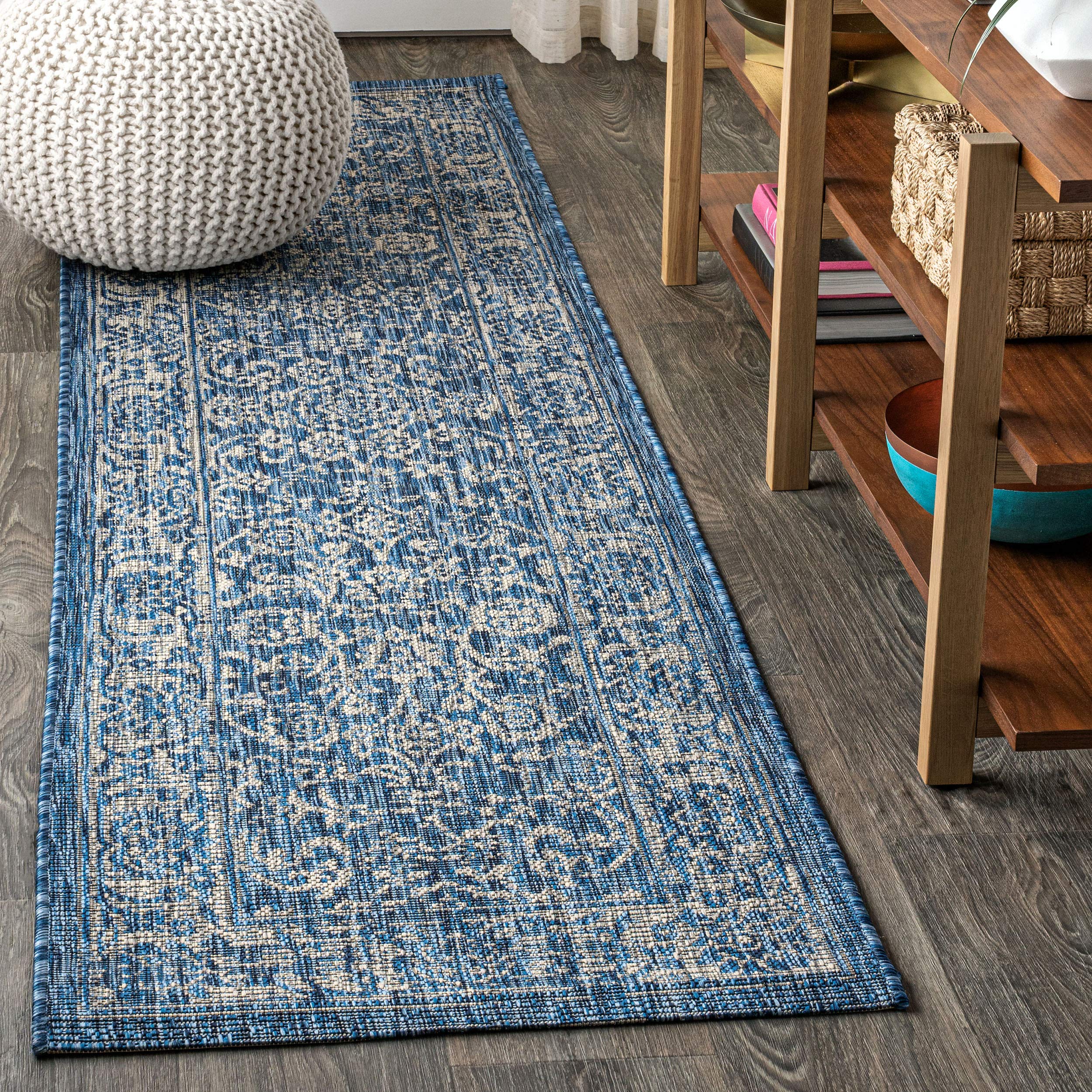 JONATHAN Y Weave Floral Indoor Outdoor Runner Rug 2X10 Navy/Gray, Tela Bohemian Textured for Backyard, Patio, Porch, Easy-Cleaning, High Traffic, Pet-Friendly, Non-Shedding (SMB100B-210) Image