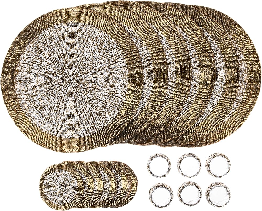 Penguin Home Handcrafted Glass Beaded Placemats Coasters Napkin Rings Set 18
