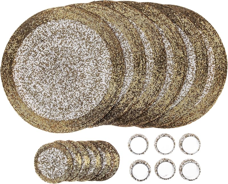 Penguin Home Handcrafted Glass Beaded Placemats Coasters Napkin Rings Set 18