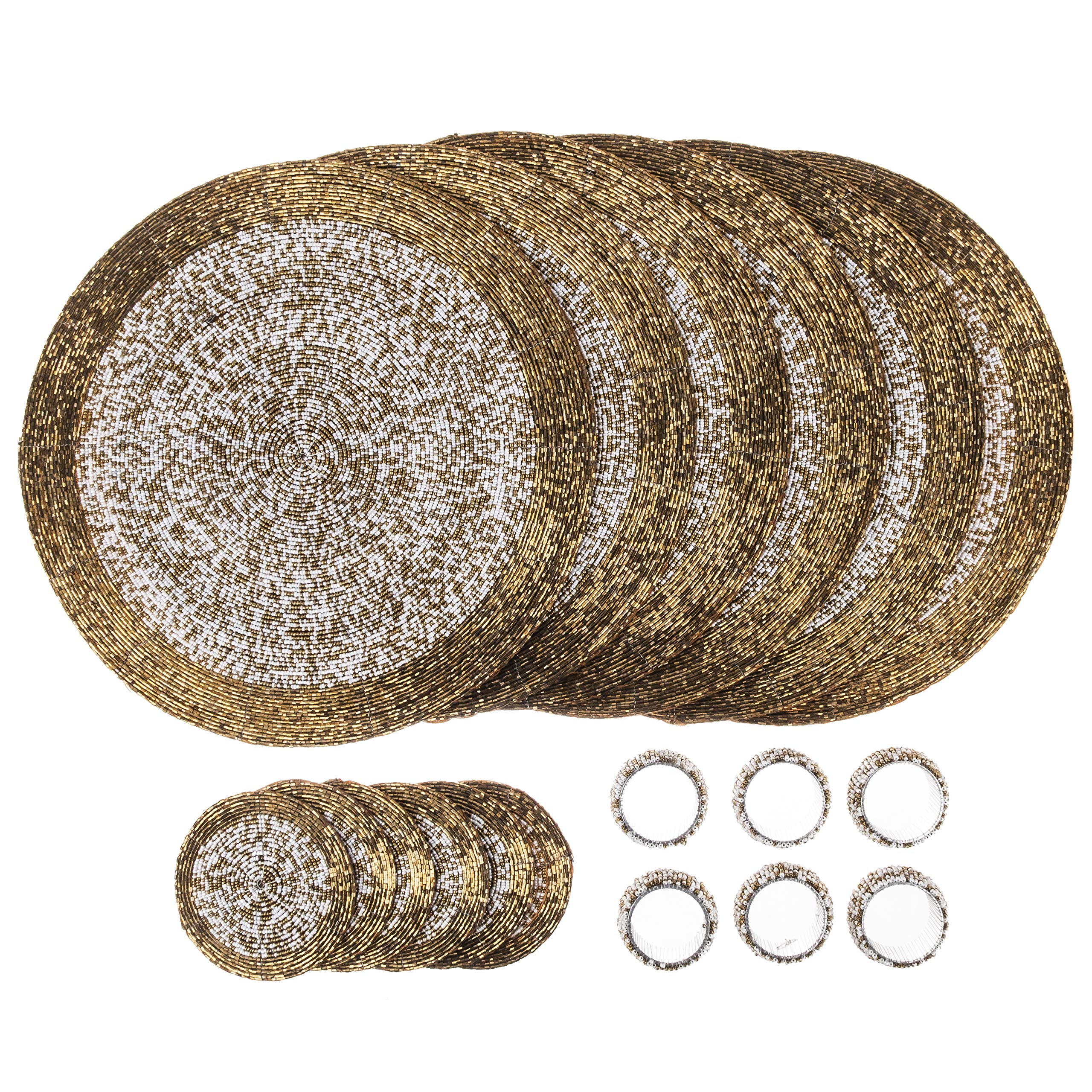 Penguin Home Handcrafted Glass Beaded Round Placemats, Coasters & Napkin Rings Set of 18 - Handmade Table Place Mats for Dining - 32 cm (13") Diameter (Gold and White)