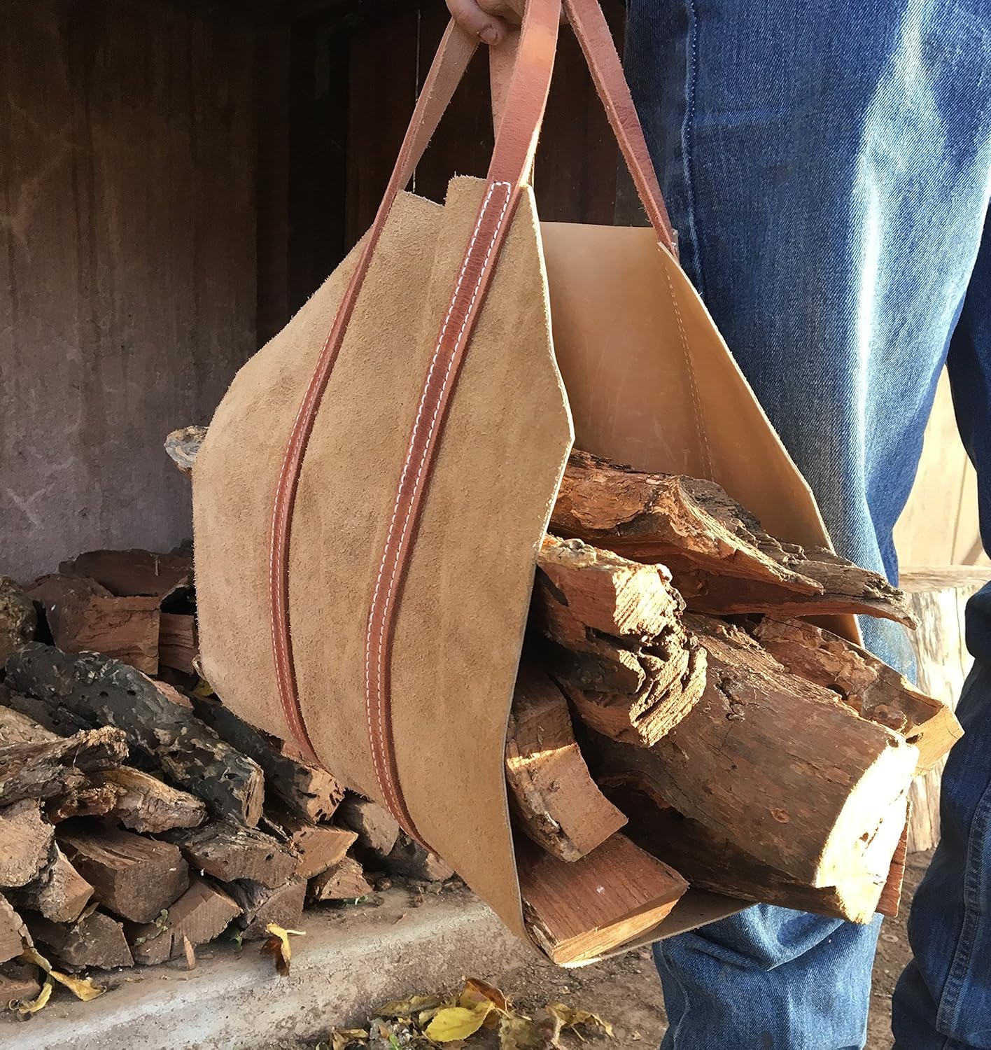 Leather Firewood Log Carrier Tote Handmade