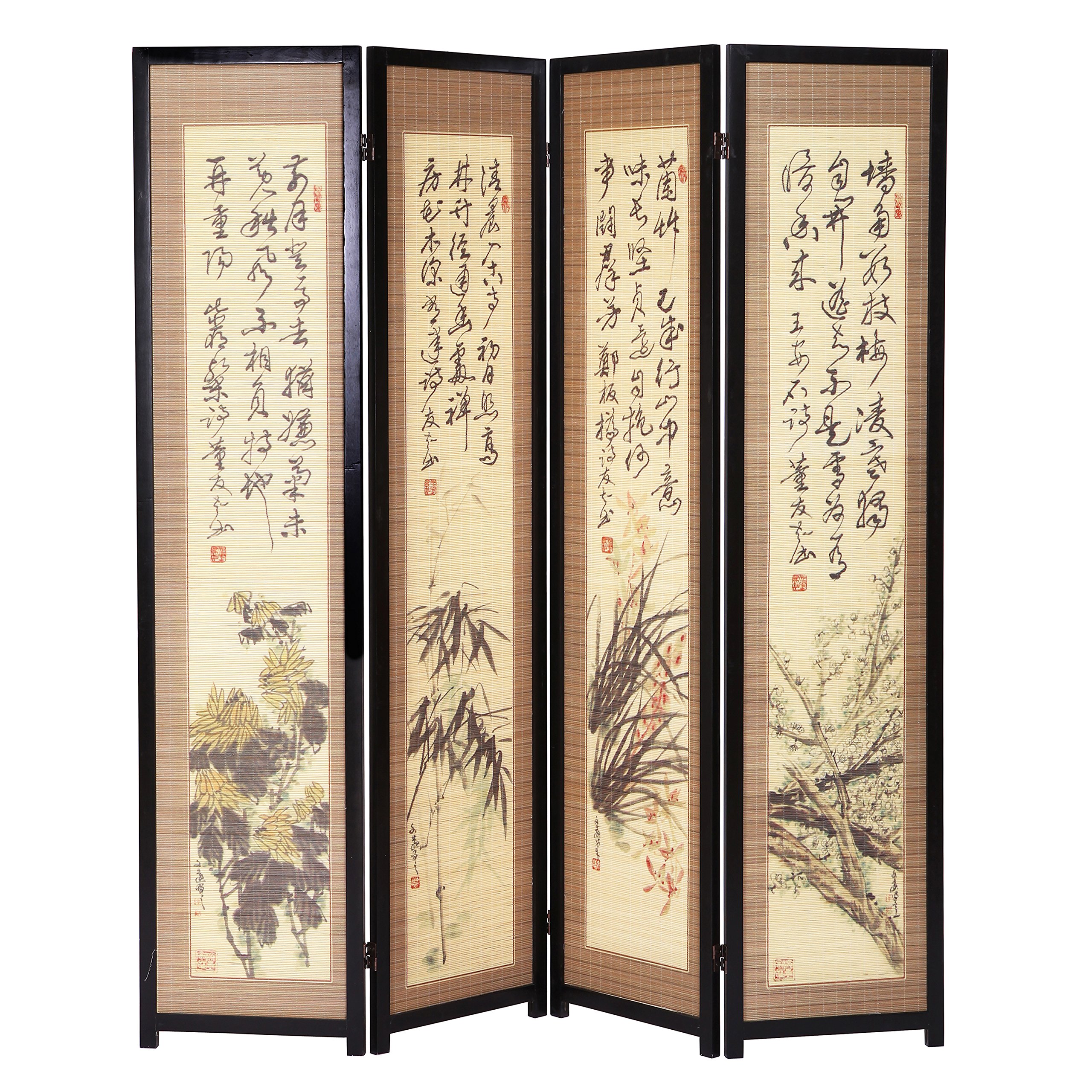 MyGift 4 Panel JapaneseInspired Artwork Room Divider, Folding Wood Privacy Partition with Dual