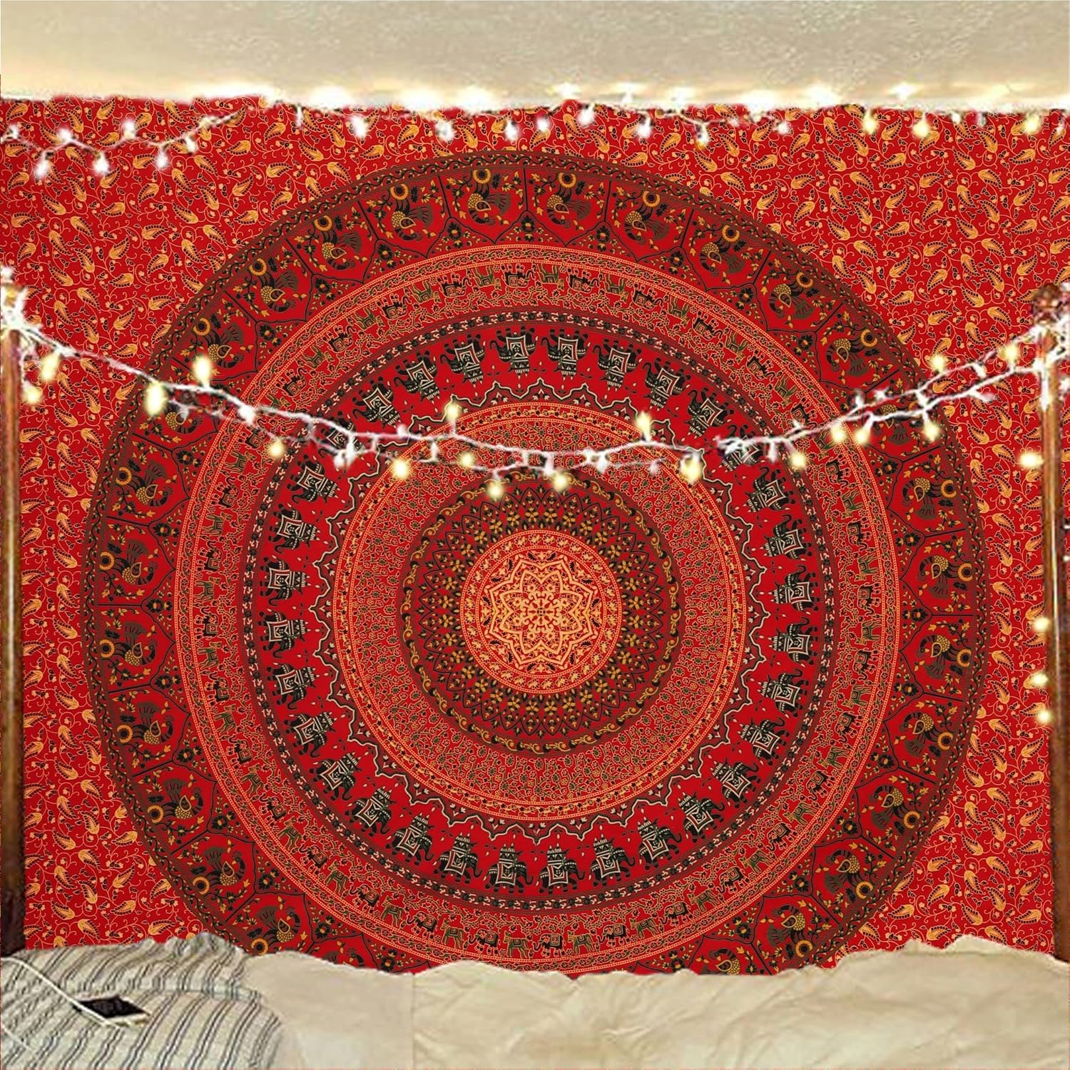 Tapestries - Bless International Indian-hippie-gypsy Bohemian-psychedelic Cotton-mandala Wall-hanging-tapestry-multi-color Large-mandala Hippie-tapestry (Golden Red, Twin (54x72Inches)(140x185cms))