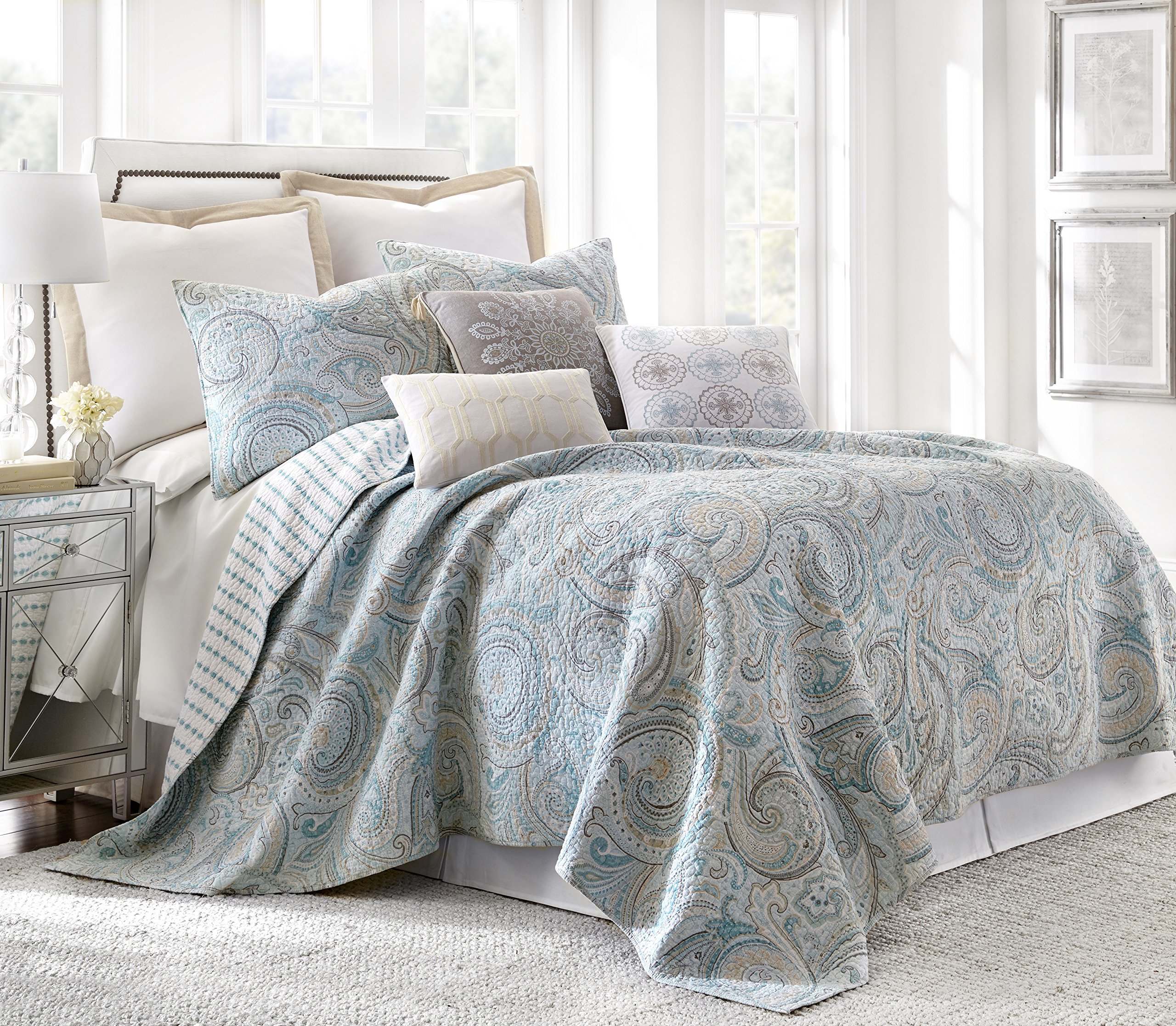 Levtex Home - Spruce Spa Quilt Set - Full/Queen Quilt + Two Standard Pillow Shams - Paisley Pattern in Soft Spa and Tan Hues - Quilt Size (88 x 92) and Pillow Sham Size (26 x 20)- Reversible -Cotton