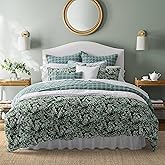 Laura Ashley - King Comforter Set, Soft & Reversible Cotton Bedding, Medium Weight 7 Piece Bed Set with Matching Pillowcases, Euro Shams & Bonus Throw Pillow Covers (Bramble Floral Green)