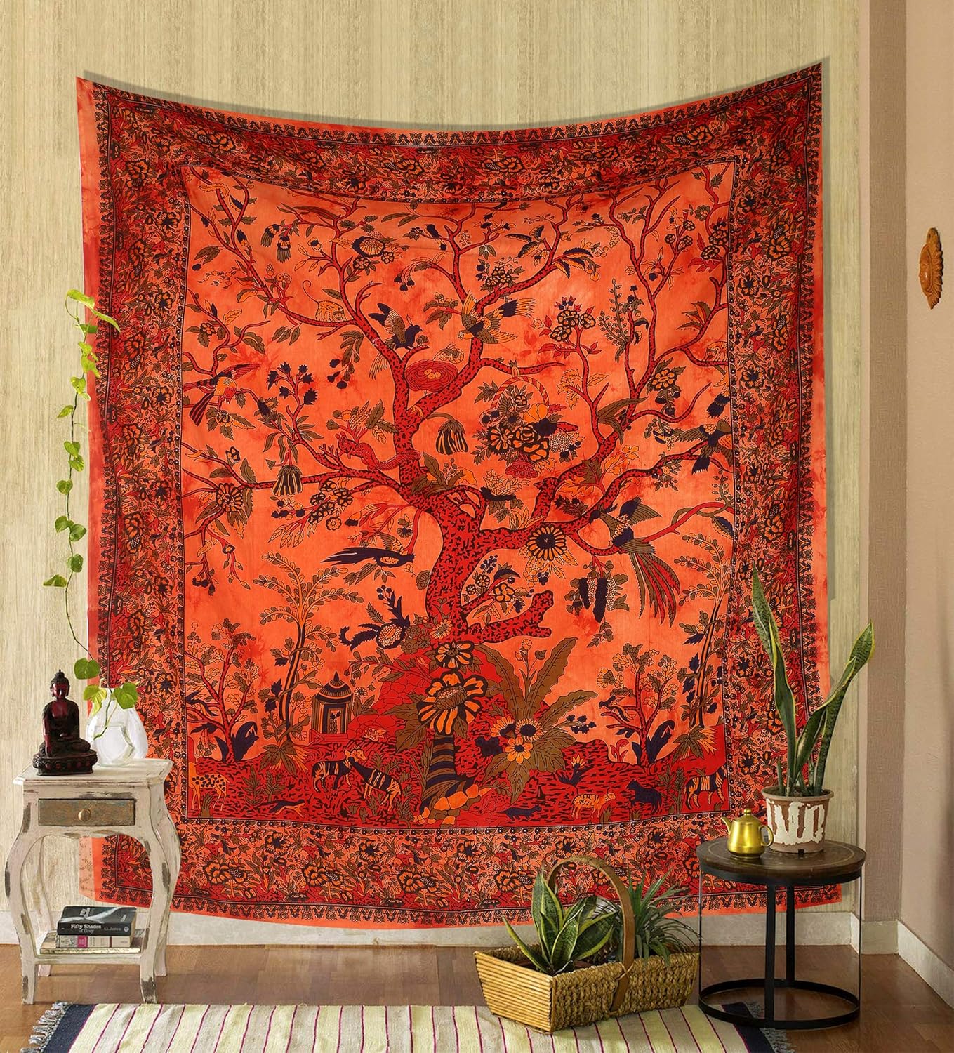 Tapestries - THE ART BOX Orange Tree of Life (Medium, 60x54 Inch) Wall Hanging Tapestry for Bedroom Psychedelic Forest Nature Tapestries Indian Cotton Twin Bedspread Picnic Sheet Blanket Hippy Boho Décor