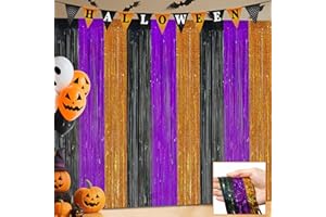 SIAWOY Halloween Party Decorations, 3 Pack Glittery Halloween Foil Fringe Curtains 3.3 X 6.6 ft, Orange Purple Black Tinsel Party Backdrop Photo Booth Props Streamers Birthday Party Supplies