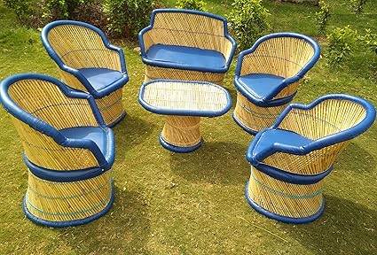 PatioStack Bamboo Outdoor Vintage Rattan & Wicker Sitting Sofa Chair & Table Furniture Set for Garden/Terrace / Lawn and Living Room [ 4 Chairs, Single 2 Seater Sofa Chair & 1 Table ]