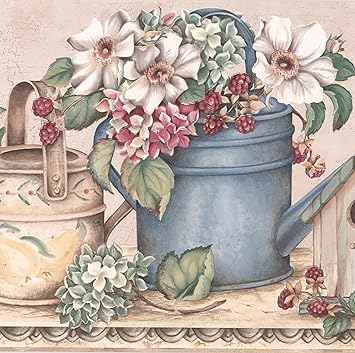 Amazon Com White Pink Flowers Berries Birdhouse Wide Wallpaper Border Retro Design Roll 15 X 10 25 Home Kitchen
