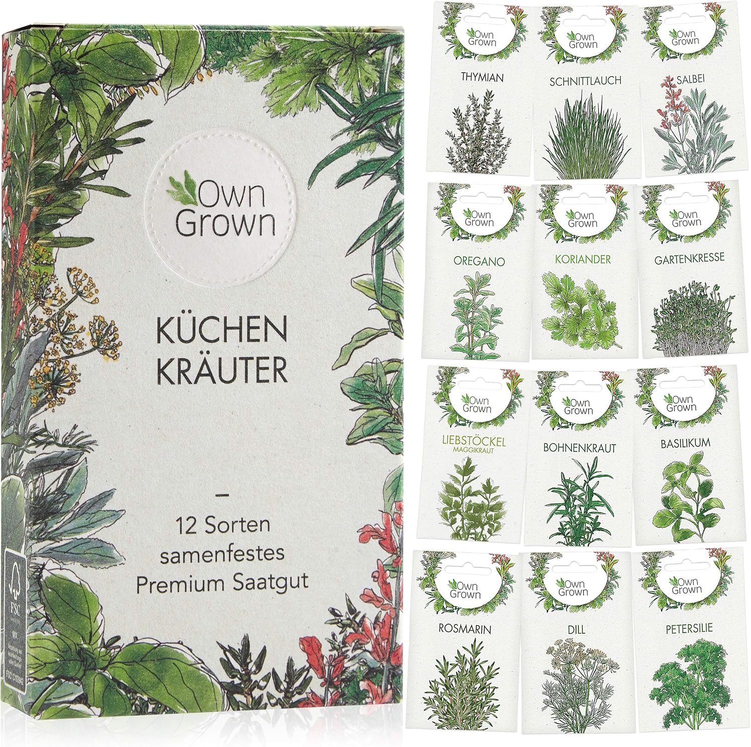 Kräuter Samen Set von OwnGrown, 12 Sorten Küchenkräuter als praktisches Kräutersamen Set, Gewürzsamen und Kräuterset für Küche und Balkon, 12er Box