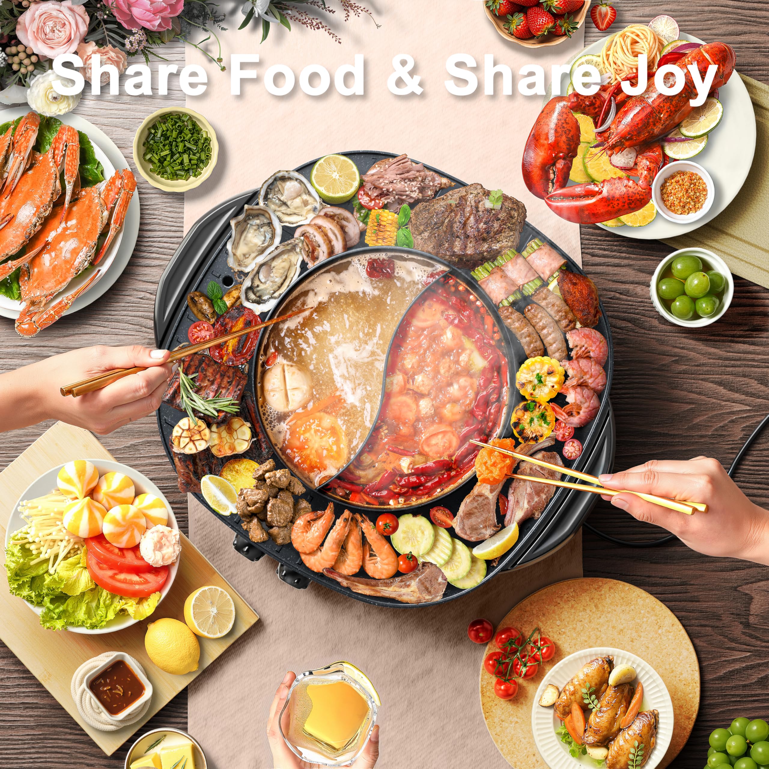 Stariver Hot Pot Electric with Grill 2 in 1, Indoor Korean BBQ & Shabu Shabu, Features Easy-clean Non-stick Coating, Dual Controls, 1800W Fast Heating, Perfect for Family Gatherings or Friends Parties