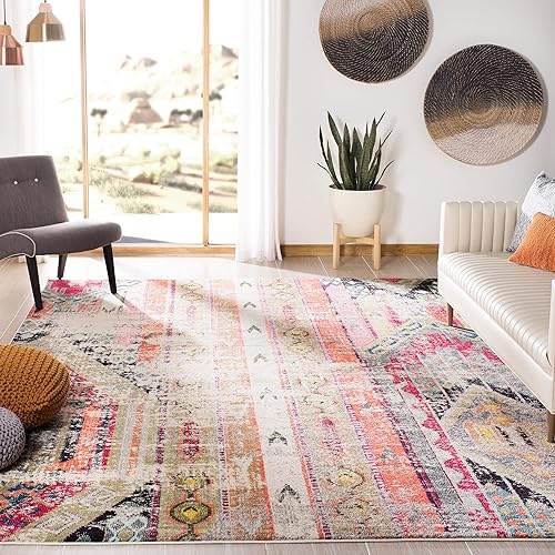 Safavieh Monaco Collection MNC222G Boho Chic Tribal Distressed Non-Shedding Stain Resistant Living Room Bedroom Area Rug, 5' x 5' Square, Light Grey / Multi