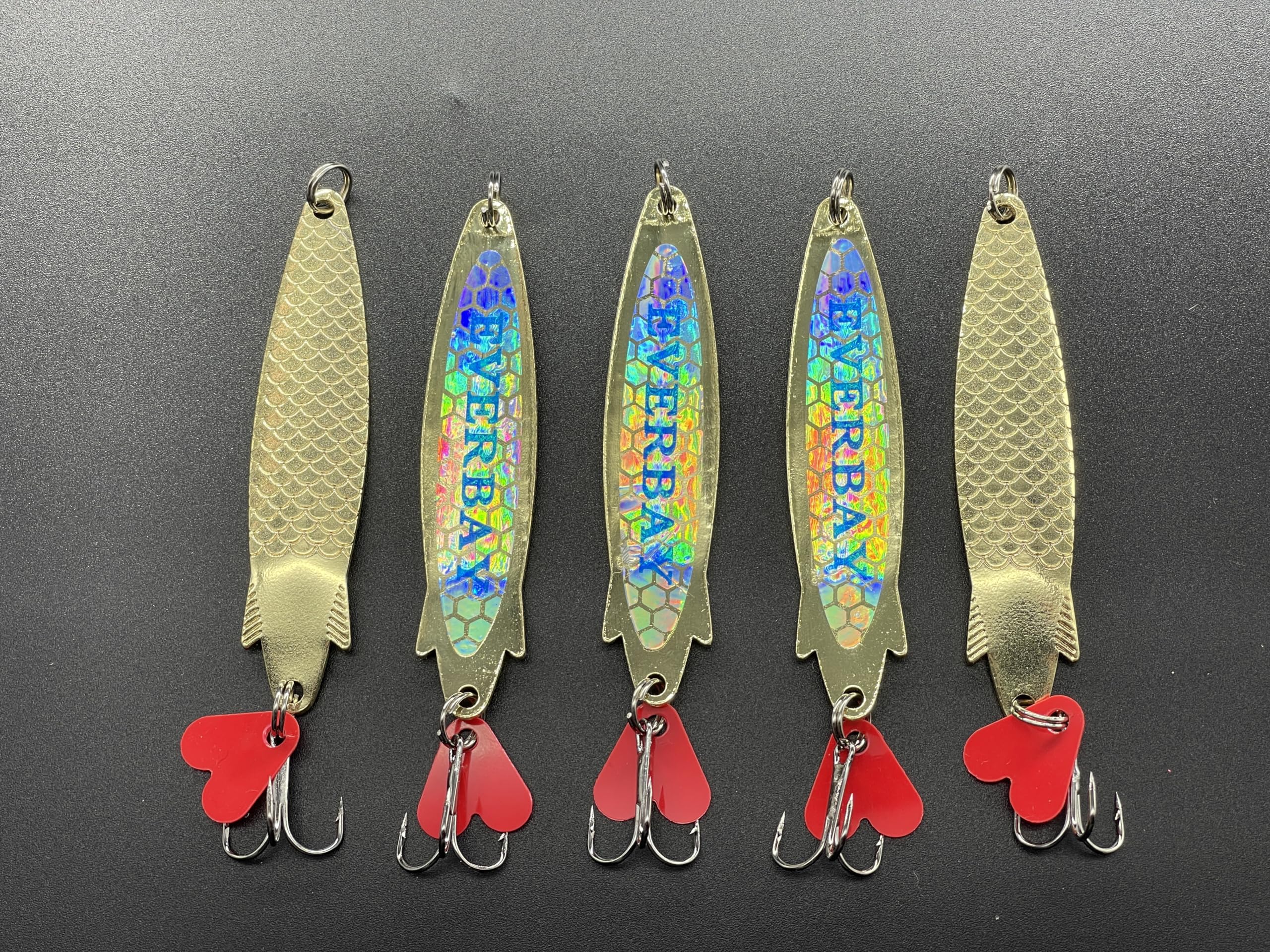 EVERBAY Silver Spinner Spoons Toby Style Fishing Lures Metal Jig Long Cast Sea Fishing Treble Hooks Fishing Spinnerbait, Trout Salmon Bass Cod Pollock, Set for Spinning/Trolling, 6cm/6.5g, 5pcs/Gold