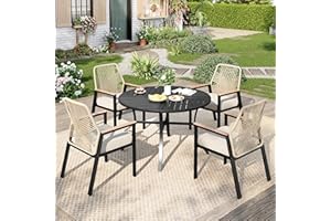 MIXPATIO 5 Pieces Round Outdoor Dining Set for 4, Patio Dining Set Wicker Rattan Chairs with Soft Cushion and 42" Round Table with Umbrella Hole, Round Patio Table and Chairs for Backyard Porch