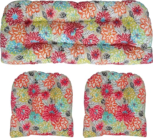 Amazon Com Rsh Decor Indoor Outdoor Floral Wicker Tufted 3 Piece Set 1 Loveseat Settee 2 U Shape Chair Cushions Yellow Orange Blue Pink Bright Artistic Floral