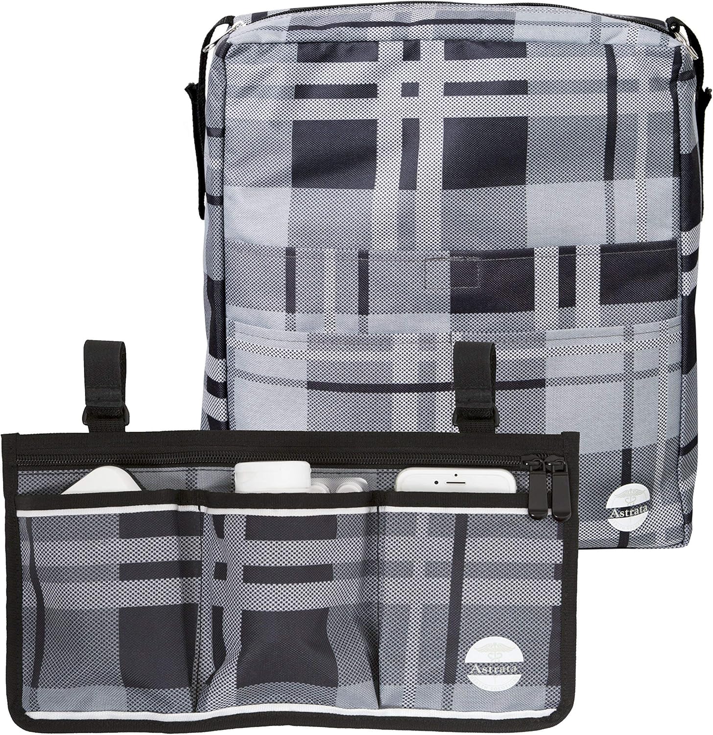 Two Bags Wheelchair Accessories by Astrata - Backpack Storage and Armrest Side Organizer - Lightweight Wheelchair Rollator Walker Bag - Organizers and Storage Travel Items (Gray Tartan): Health & Personal Care
