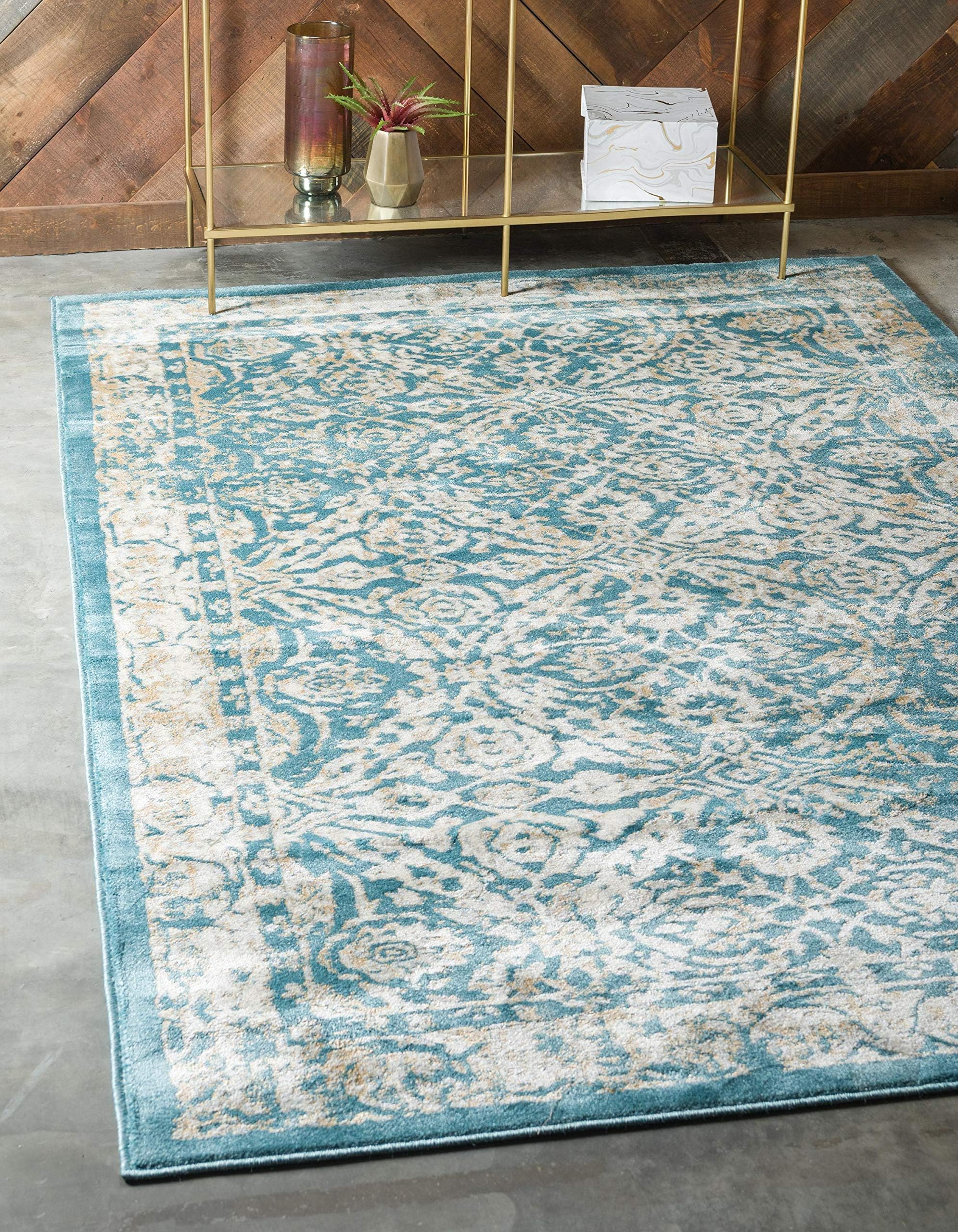 Unique Loom Oslo Traditional Botanical Area Rug_STK002, 7 x 10 Feet, Teal/Ivory
