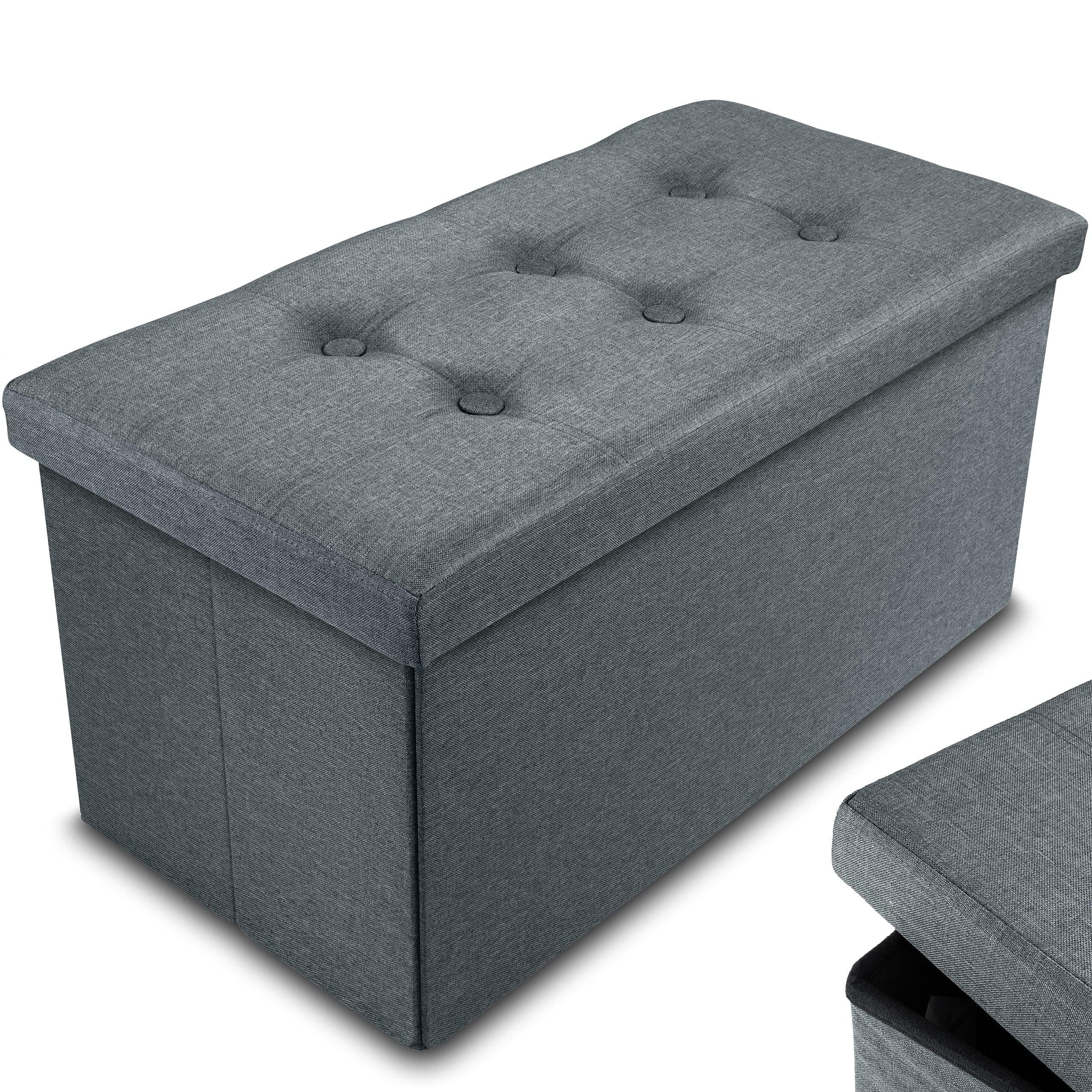 Nyxi Foldable Ottoman Storage Box,76x38x38cm, 80L Capacity, Multi-Purpose 2-Seater, Foot Stool, Storage Organizer with Lid for Kids Toys, Bedroom, Hallway, Living Room, Dark Grey Fine Fabric Strong