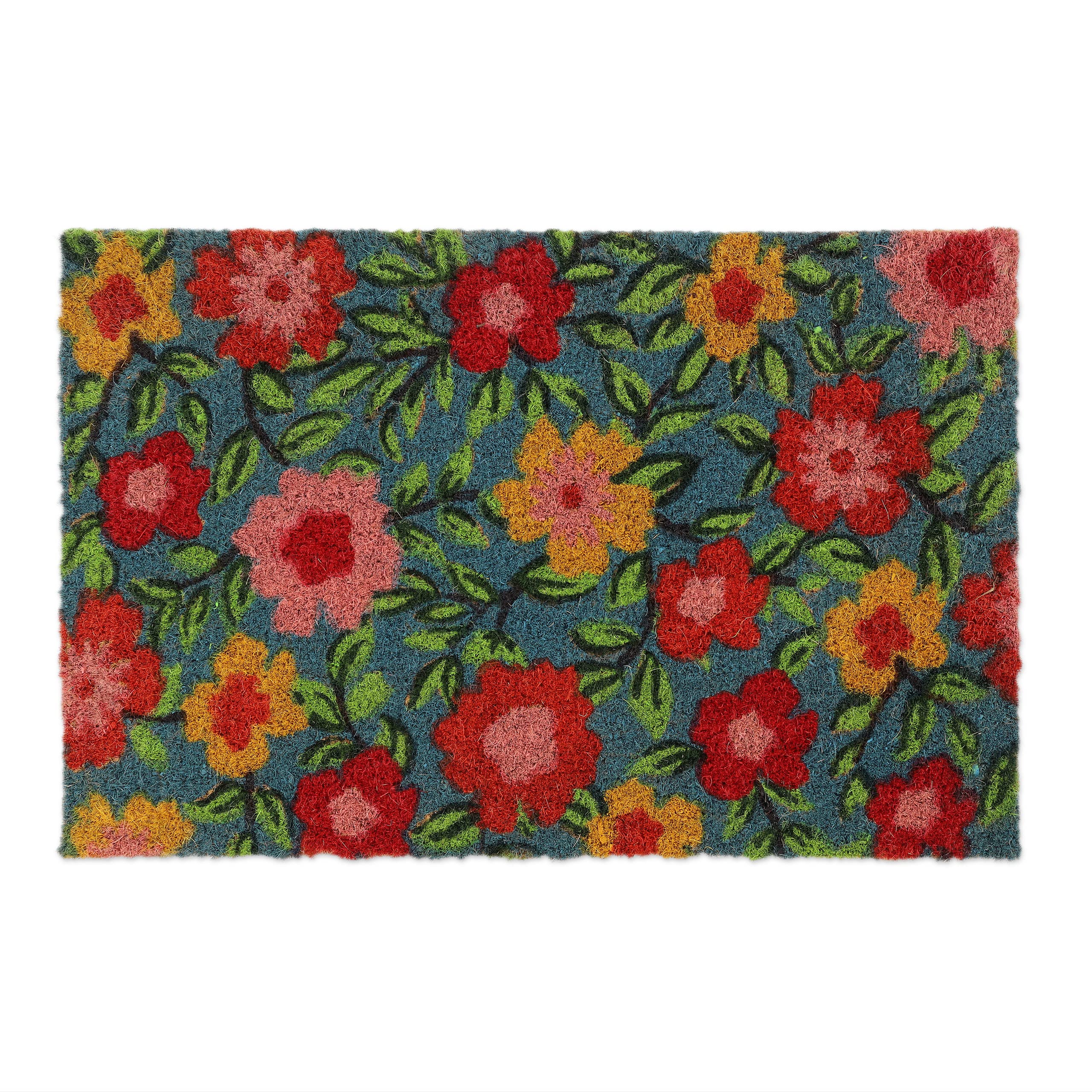 Relaxdays Doormat Coir Flower Pattern, 40 x 60 cm, Door Mat Inside & Outside, Non-Slip Wiper, Rectangular, Multicoloured, Coco, 1