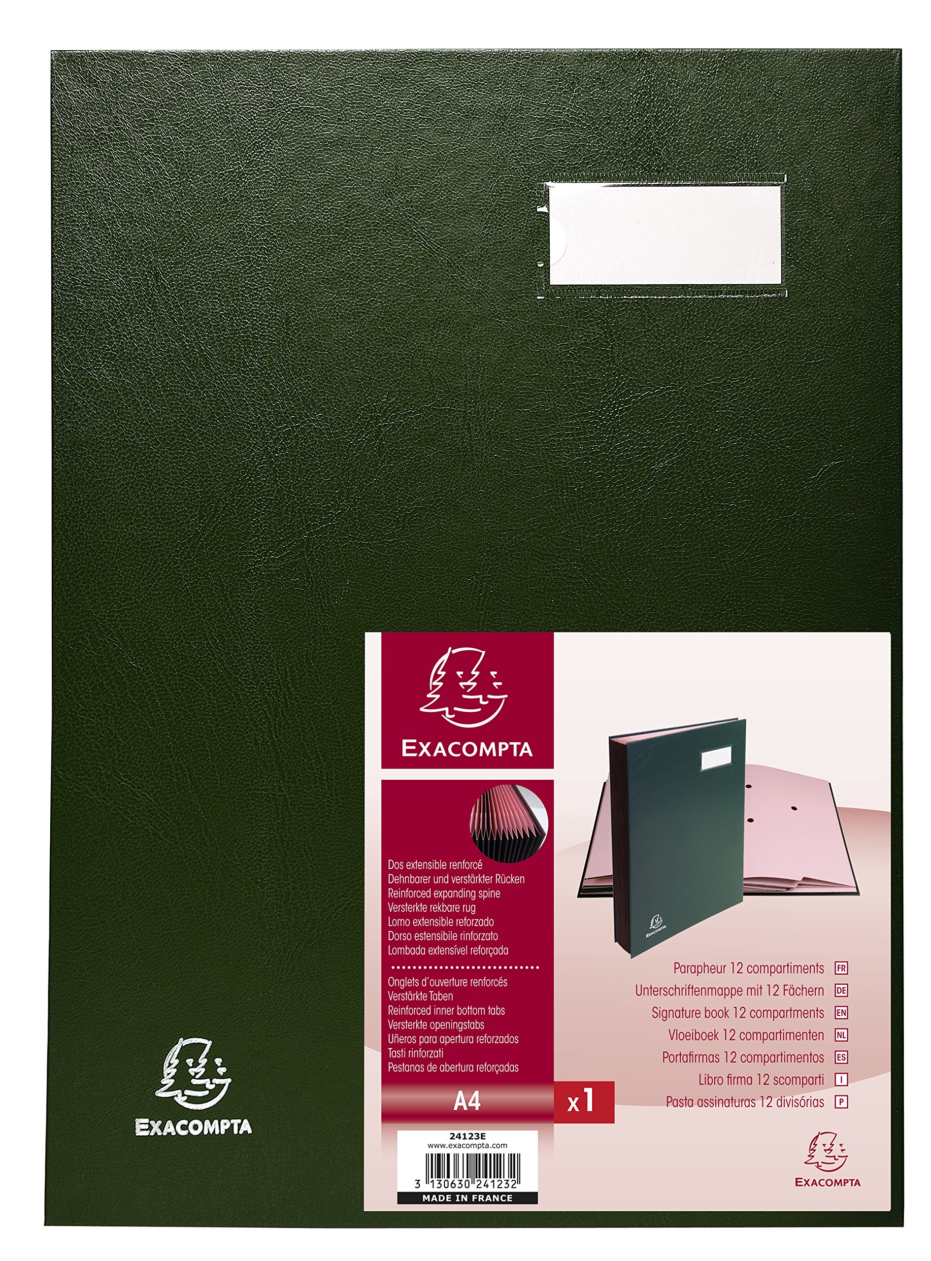 Exacompta - Ref 24123E - Direction Signature Book - 240 x 320mm in Size, Suitable for Storing A4 Documents, Plastic Cover &,300gsm Interior, 12 Compartments - Green