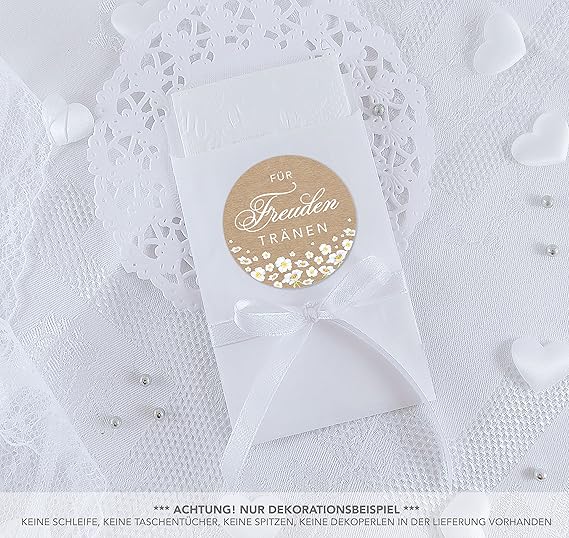 SET GROß: 48 Freudentränen Sticker + 48 weiße Flachbeutel - 63 x 93 mm für Freudentränen Taschentuch Verpackungen • Aufkleber