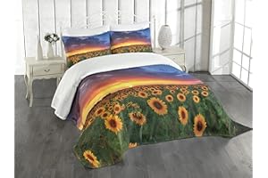 Lunarable Sunflower Bedspread, Field of Sunflowers Sunset Dramatic Sky with Clouds Scenic Picture, Decorative Quilted 3 Piece Coverlet Set with 2 Pillow Shams, King Size, Orange Yellow