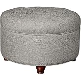 Homepop Home Decor | Button Tufted Woven Round Storage Ottoman | Ottoman with Storage for Living Room & Bedroom (Dark Gray)