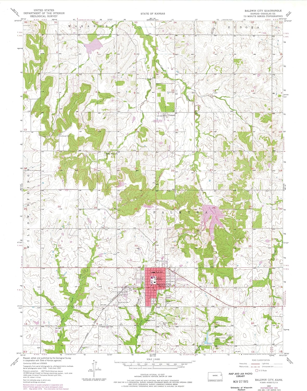Map Poster - Baldwin City, Kansas (1957), 1:24000 Scale, 24"x19", Gloss Finish