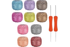 Kurtzy Colourful Glitter Crochet Yarn (10 Balls) - 2 Crochet Hooks Included (3mm & 4mm) - Each Thread Ball Weighs (15g/0.53 oz) - Total of 950/1040 Yards of Sparkly Coloured Acrylic Yarn