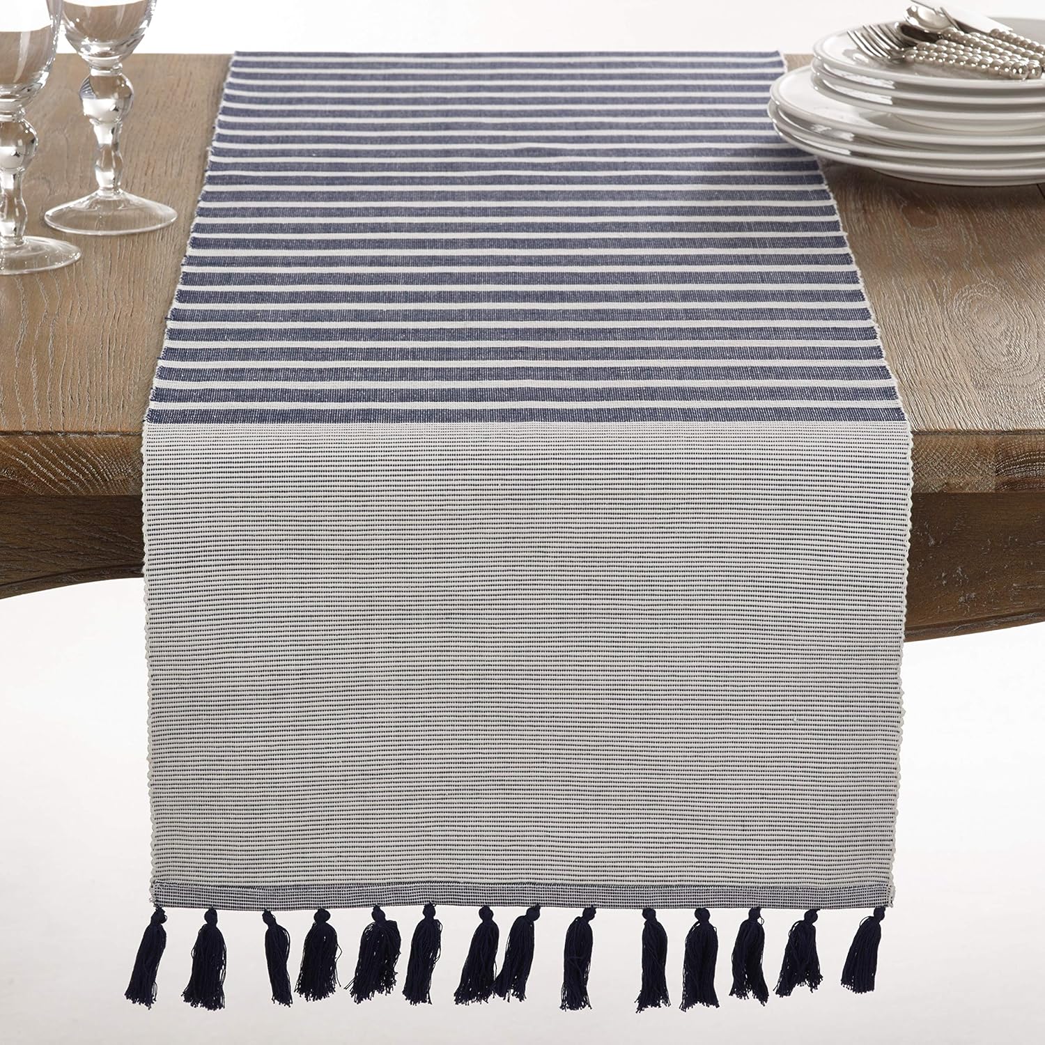 Ribbed Tassel Design Reversible Table Runner Blue Modern