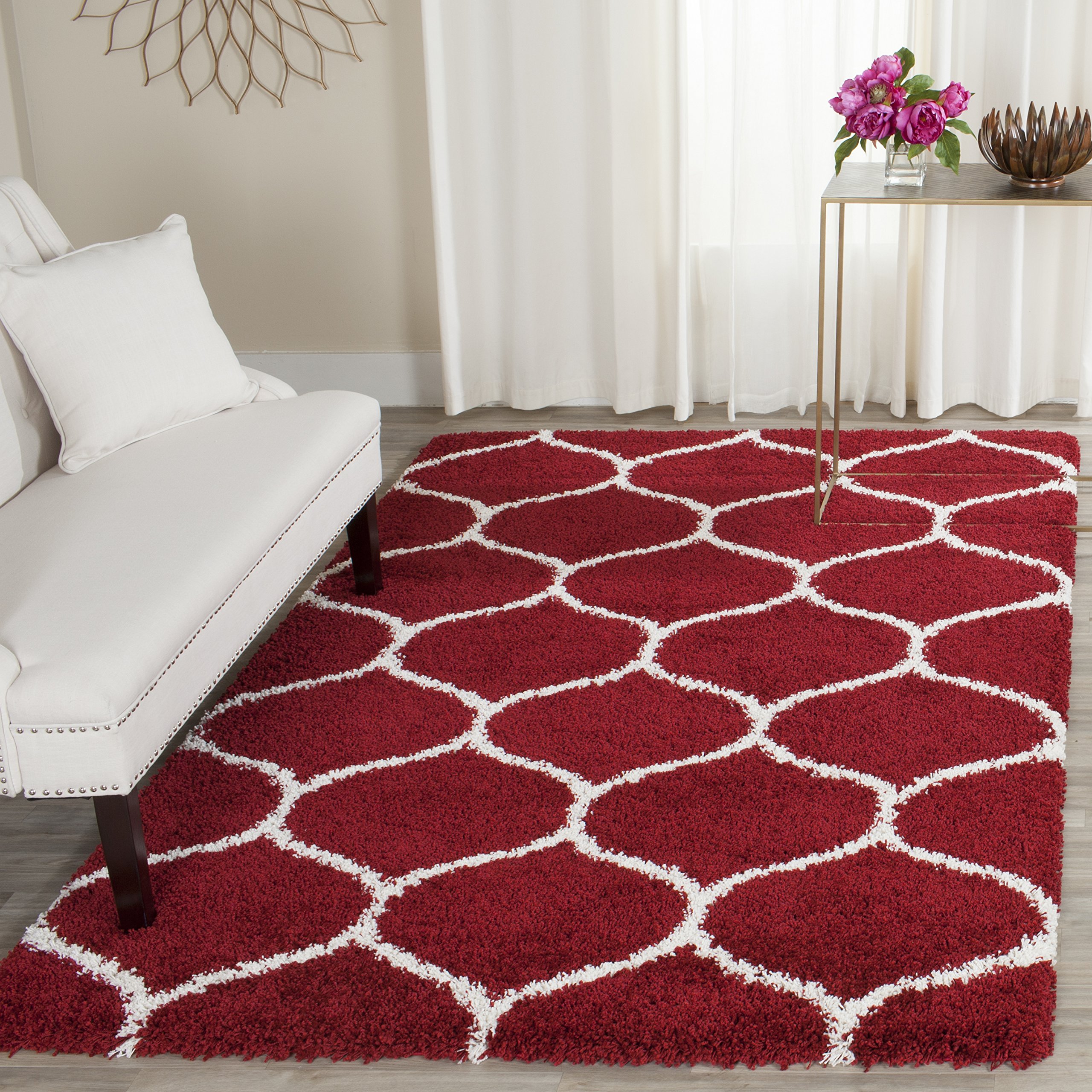 SAFAVIEH Hudson Shag Collection Area Rug - 5'3" x 7'6", Red & Ivory, Moroccan Ogee Trellis Design, Non-Shedding & Easy Care, 2-inch Thick Ideal for High Traffic Areas in Living Room, Bedroom (SGH280R) Image