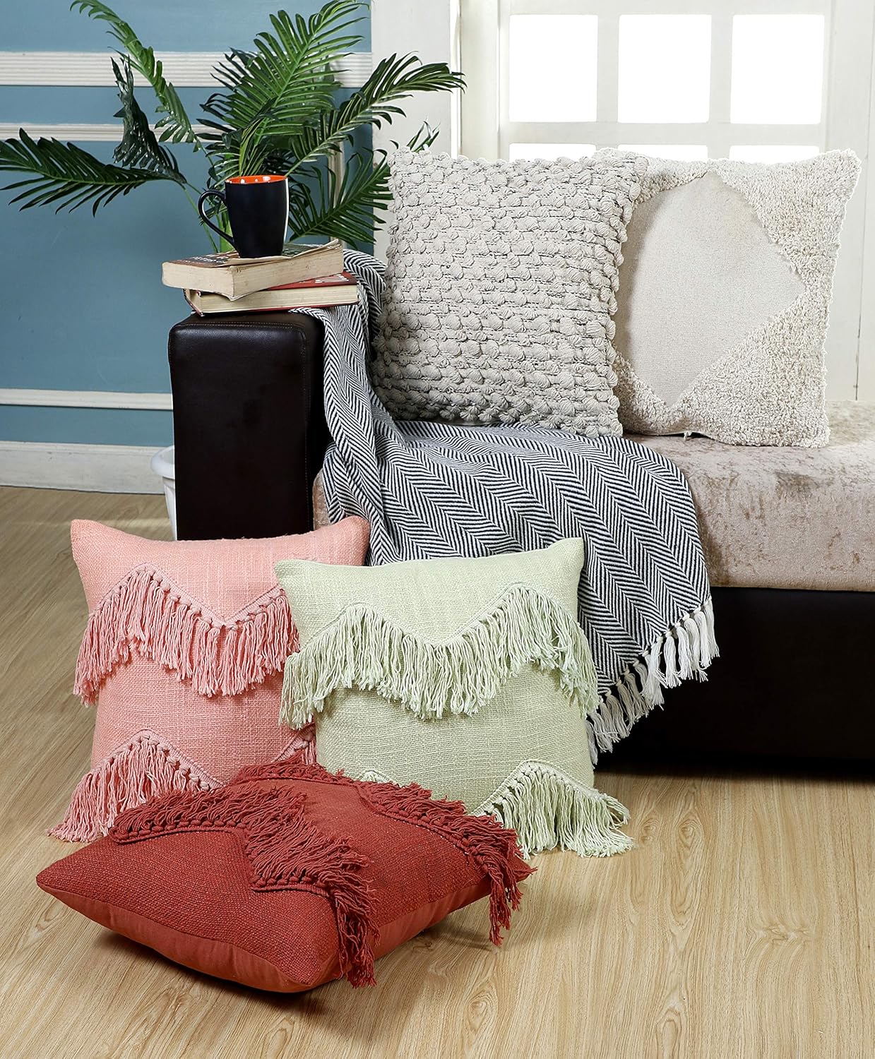 Tex Trend Decorative Cushion Covers for Bed Sofa Chair Car, Elegant Modern Design - 100% Cotton Woven Pillowcase (18 x 18 Inch - Ivory) 1 Pc: Home & Kitchen