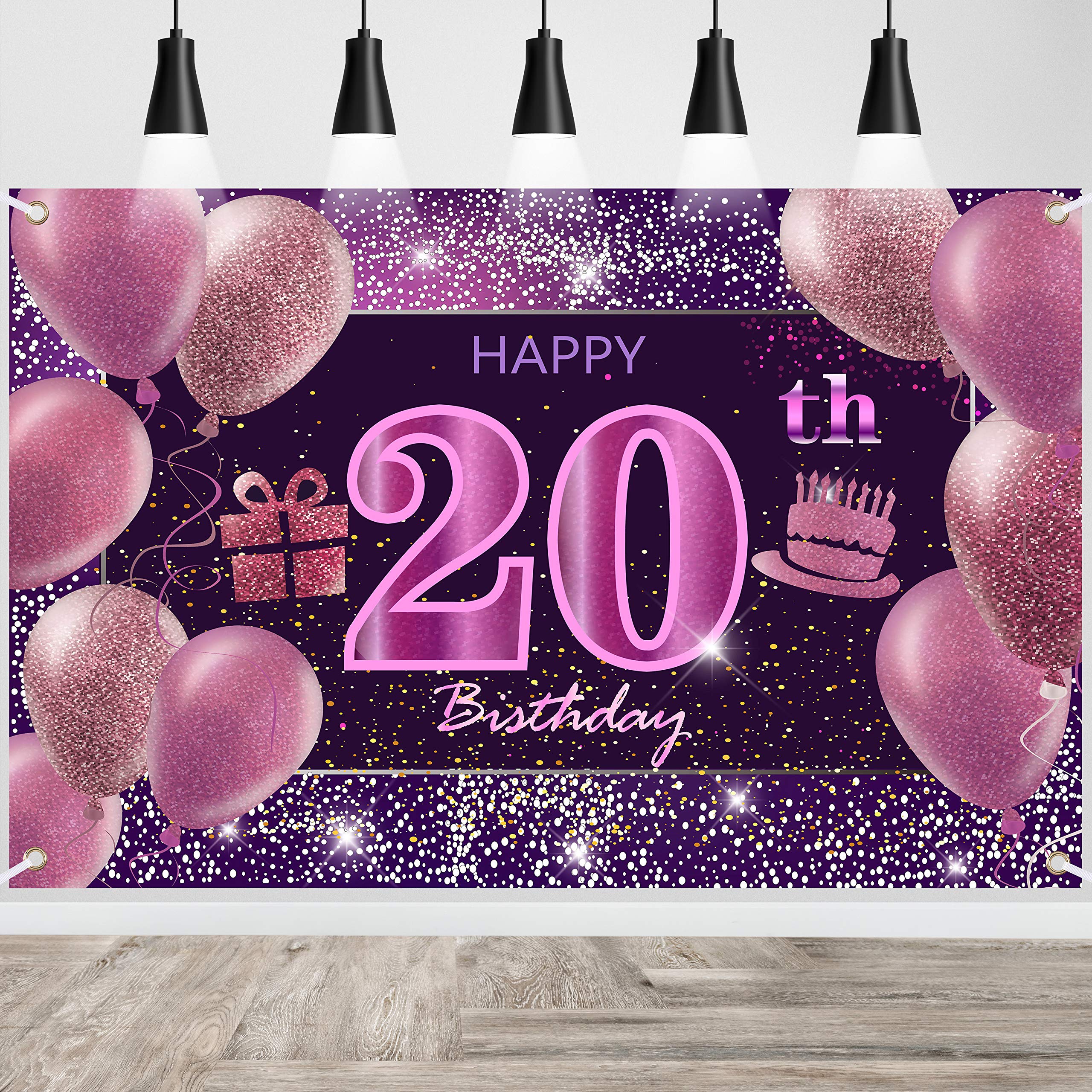 IMISI 20th Birthday Decorations - Happy Birthday Banner, Pink Backdrop for Party