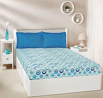 Amazon Brand - Solimo Mystic Drops 144 TC 100% Cotton Double Bedsheet with 2 Pillow Covers, Blue