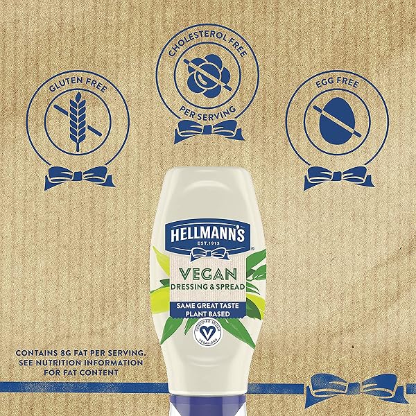 HELLMANN’S VEGAN DRESSING AND SPREAD VEGAN 3 CT FOR A RICH, CREAMY PLANT-BASED ALTERNATIVE TO MAYO SAME GREAT TASTE, PLANT BASED, FREE FROM EGGS 11.5 OZ