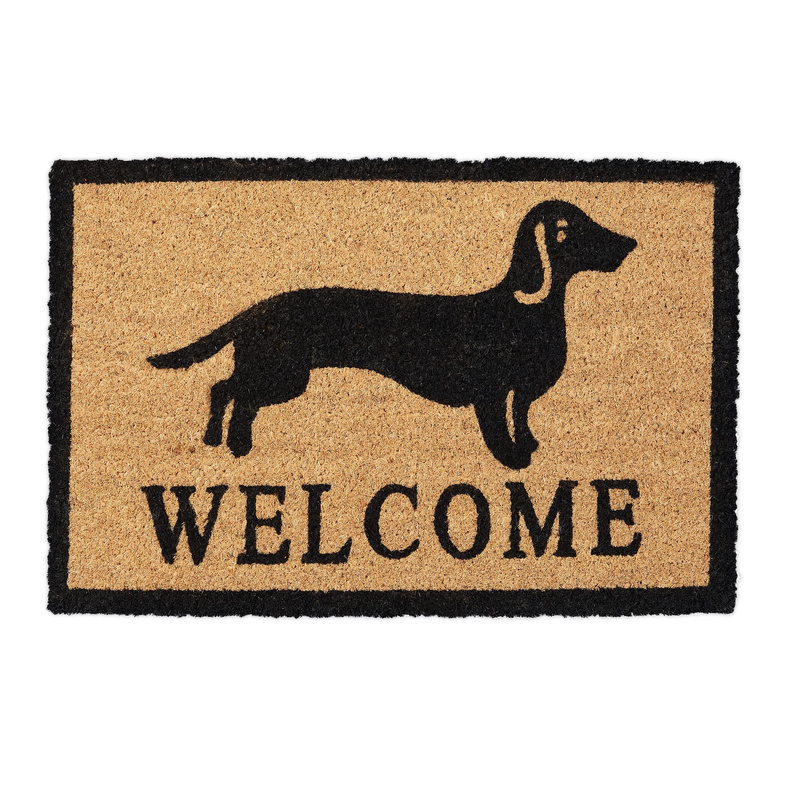 Relaxdays Wiener Badger Sausage Dog Coir Doormat, 40 x 60 cm, Door Mat Inside & Outside, Non-Slip, Natural Coir/Black
